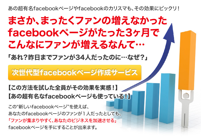 
あの超有名facebookページやfacebookのカリスマも、その効果にビックリ！

まさか、まったくファンの増えなかった
facebookページがたった3ヶ月で
こんなにファンが増えるなんて…

「あれ？昨日までファンが34人だったのに…なぜ？」

★次世代型facebookページ作成サービス★

【この方法を試した全員がその効果を実感！】
【あの超有名なfacebookページも使っている！】

この“新しいfacebookページ”を使えば、
あなたのfacebookページのファンが１人だったとしても、
「ファンが集まりやすく、あなたのビジネスを加速させる」
facebookページを手にすることが出来ます。
